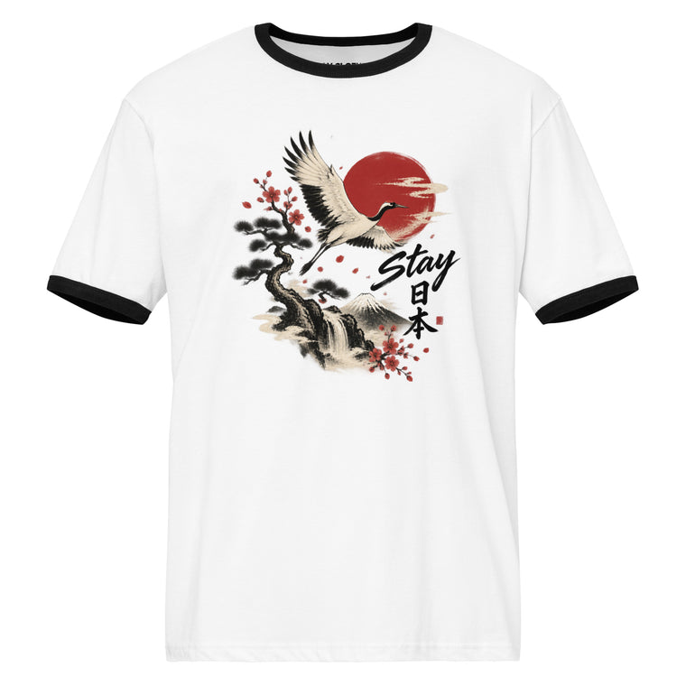 Front view of a White Black T-Shirt featuring a flying crane, red sun, flowering branch, and Stay 日本 lettering.