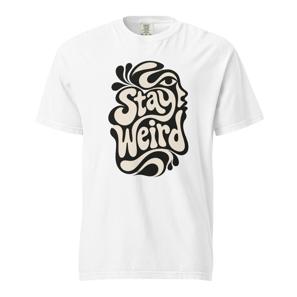 Front view of a white T-shirt with readable “Stay Weird” lettering, flowing psychedelic shapes, and a stylized woman's face profile.