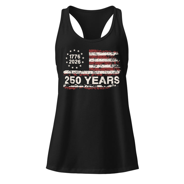 250 Years Flag black racerback tank top front product mockup with distressed American flag anniversary design