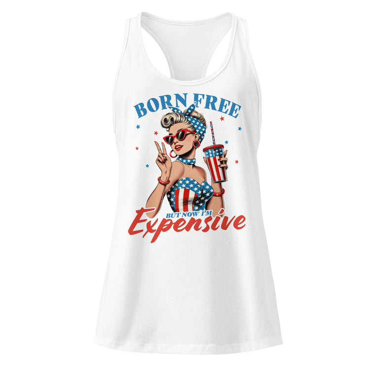 Born Free Expensive white racerback tank top front product mockup with retro patriotic pin-up graphic