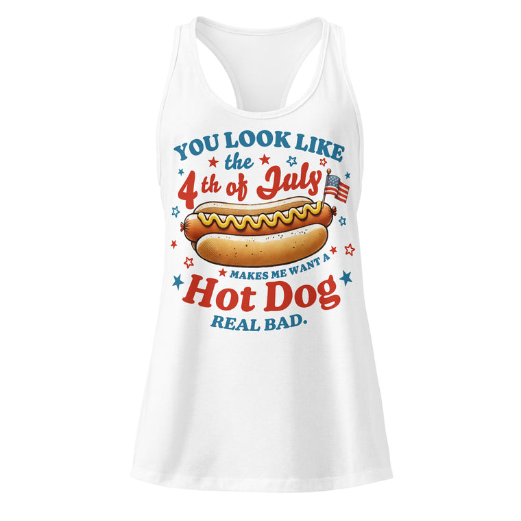 Fourth of July Hot Dog white racerback tank top front product mockup with patriotic hot dog graphic