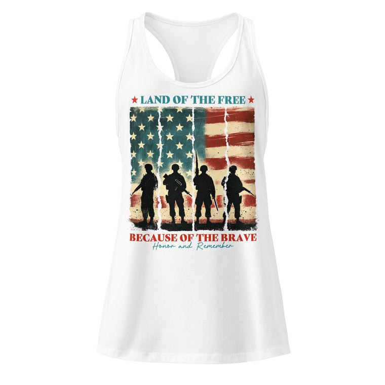 Land of the Free Because of the Brave white racerback tank top front product mockup with distressed American flag graphic