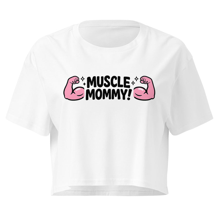 Muscle Mommy Flex white crop top front product mockup with pink flexed arm graphic
