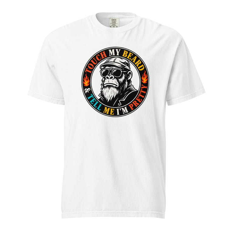 White T-shirt with a circular graphic of a monkey in sunglasses and a leather jacket, flames, and the words “TOUCH MY BEARD & TELL ME I'M PRETTY.”