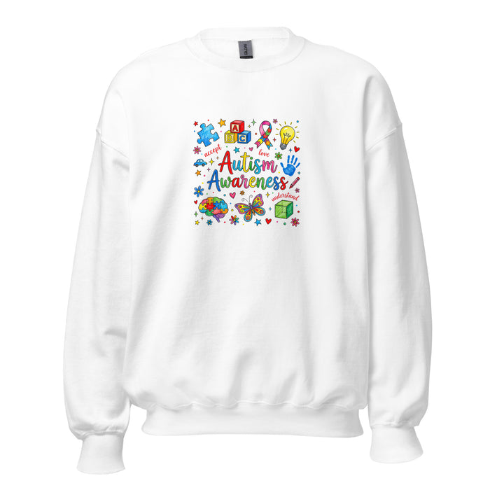 White unisex crew neck sweatshirt with long sleeves shown from the front.