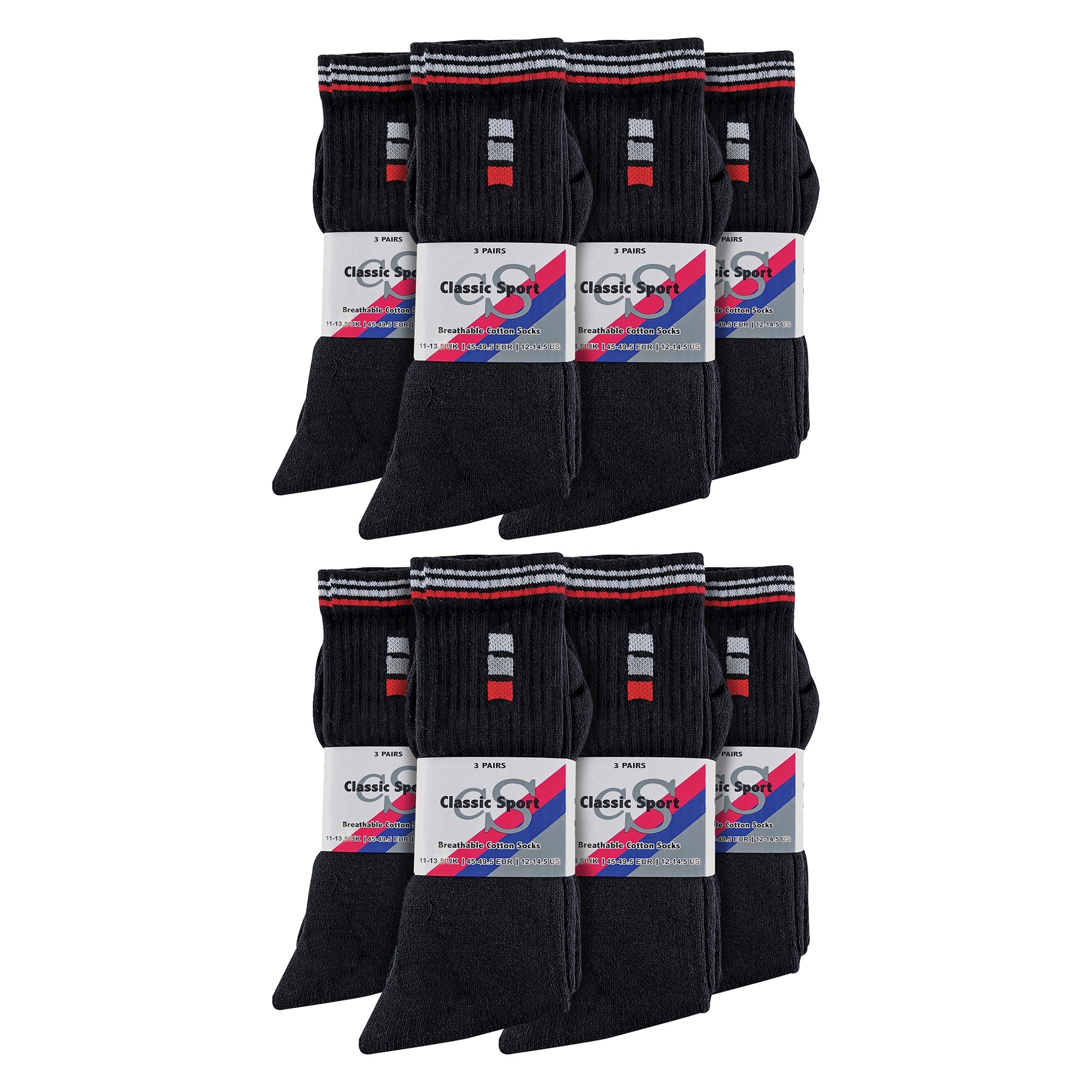 Sock Snob Mens Retro Stripe Cotton Sports Socks in White and Black Multipack Options