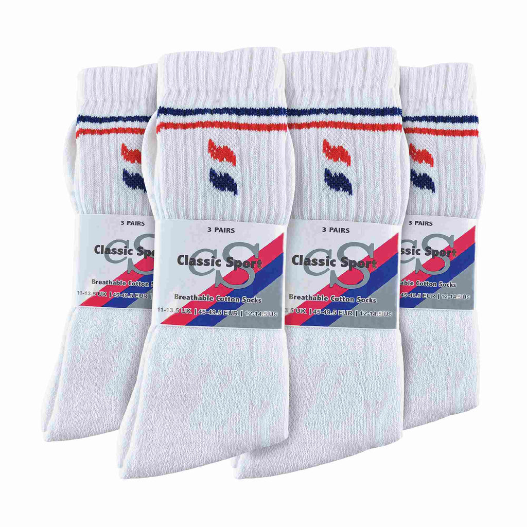 Sock Snob Mens Retro Stripe Cotton Sports Socks in White and Black Multipack Options