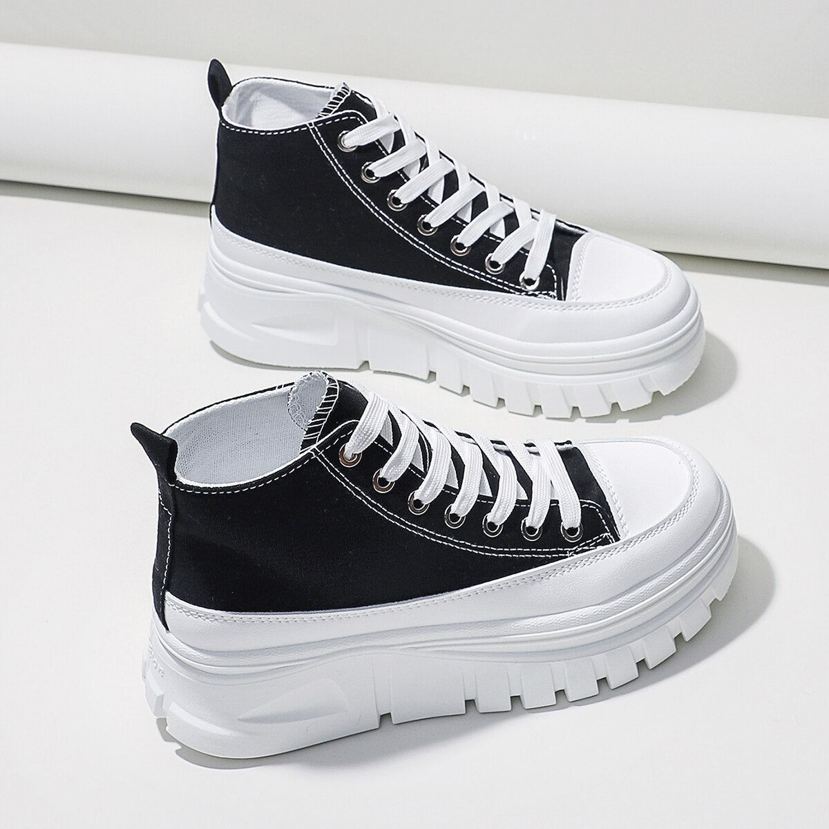 Womens Canvas Height Increasing High Top Lace Up Black Trainers