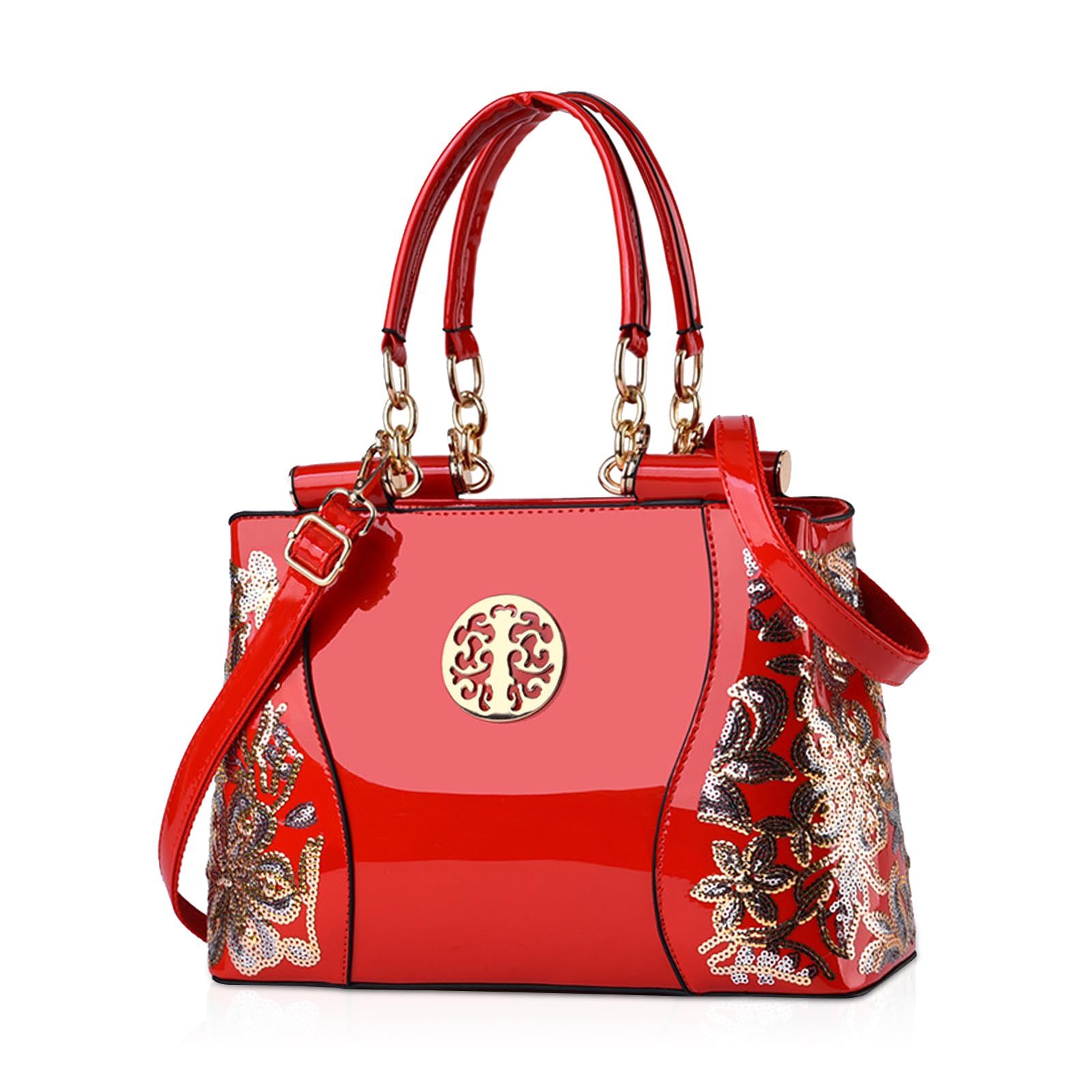 Womens Patent Look Sequin Embroidered Handbag