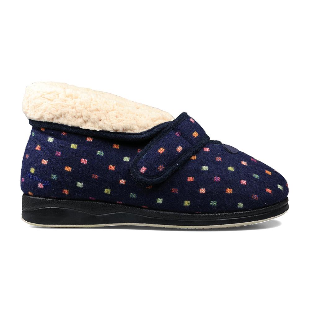 Padders Bess Navy Woven Spot Ladies Dual Fit 4E-6E and 6E extra Wide Fit Slippers