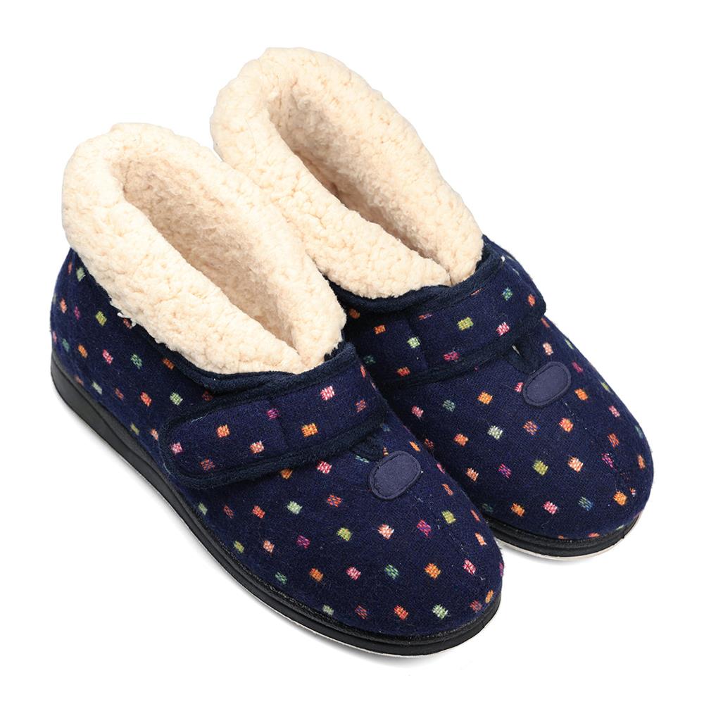 Padders Bess Navy Woven Spot Ladies Dual Fit 4E-6E and 6E extra Wide Fit Slippers
