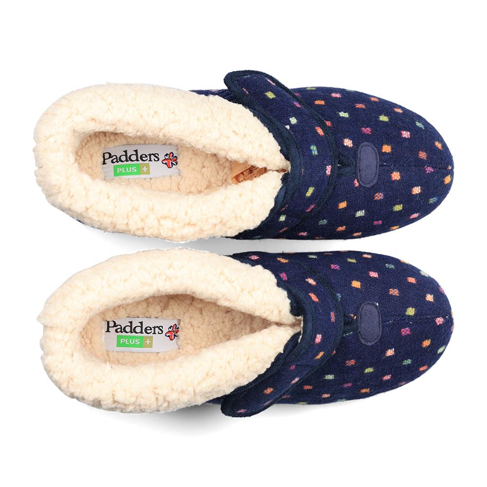 Padders Bess Navy Woven Spot Ladies Dual Fit 4E-6E and 6E extra Wide Fit Slippers