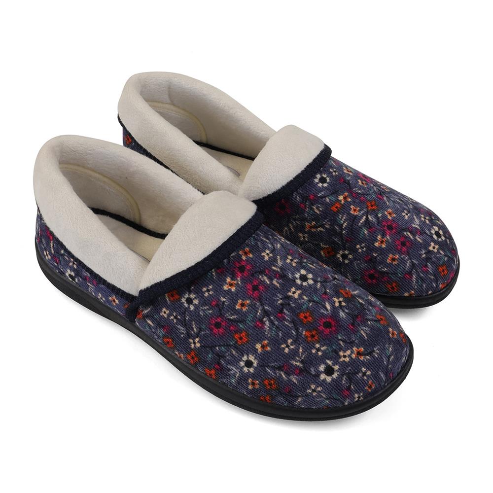 Padders Mellow Denim Floral Cord Ladies 2E Wide Fit Slippers