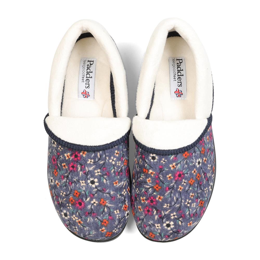 Padders Mellow Denim Floral Cord Ladies 2E Wide Fit Slippers