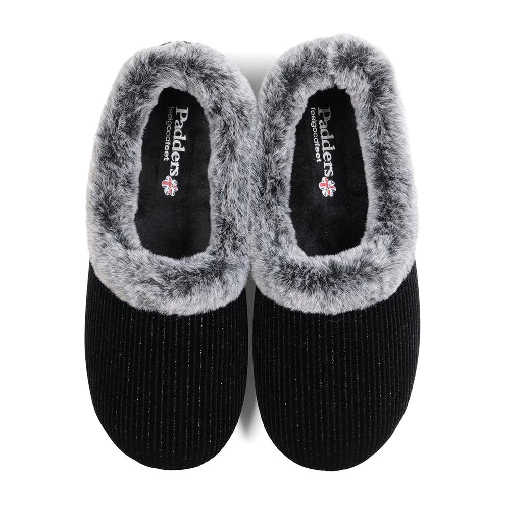 Padders Shae Black Sparkle Cord Ladies Dual Fit 2E-3E extra Wide Fit Slippers