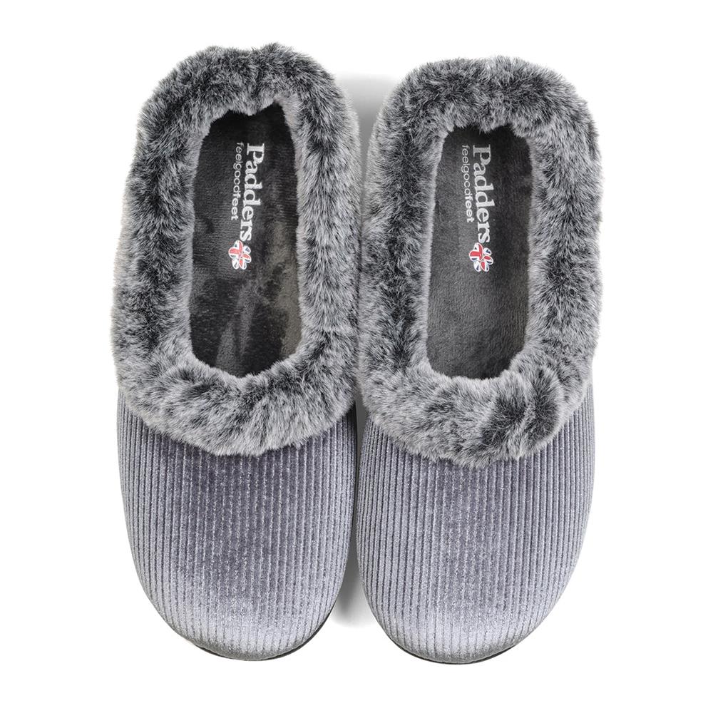 Padders Shae Grey Sparkle Cord Ladies Dual Fit 2E-3E extra Wide Fit Slippers