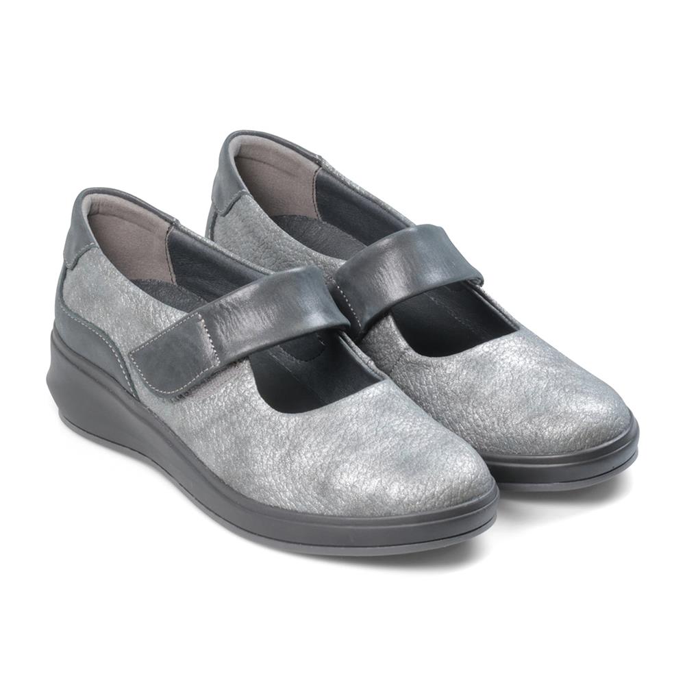 Padders Bawtry Grey Tumbled Leather Ladies 2E Wide Fit Mary Jane Wedges