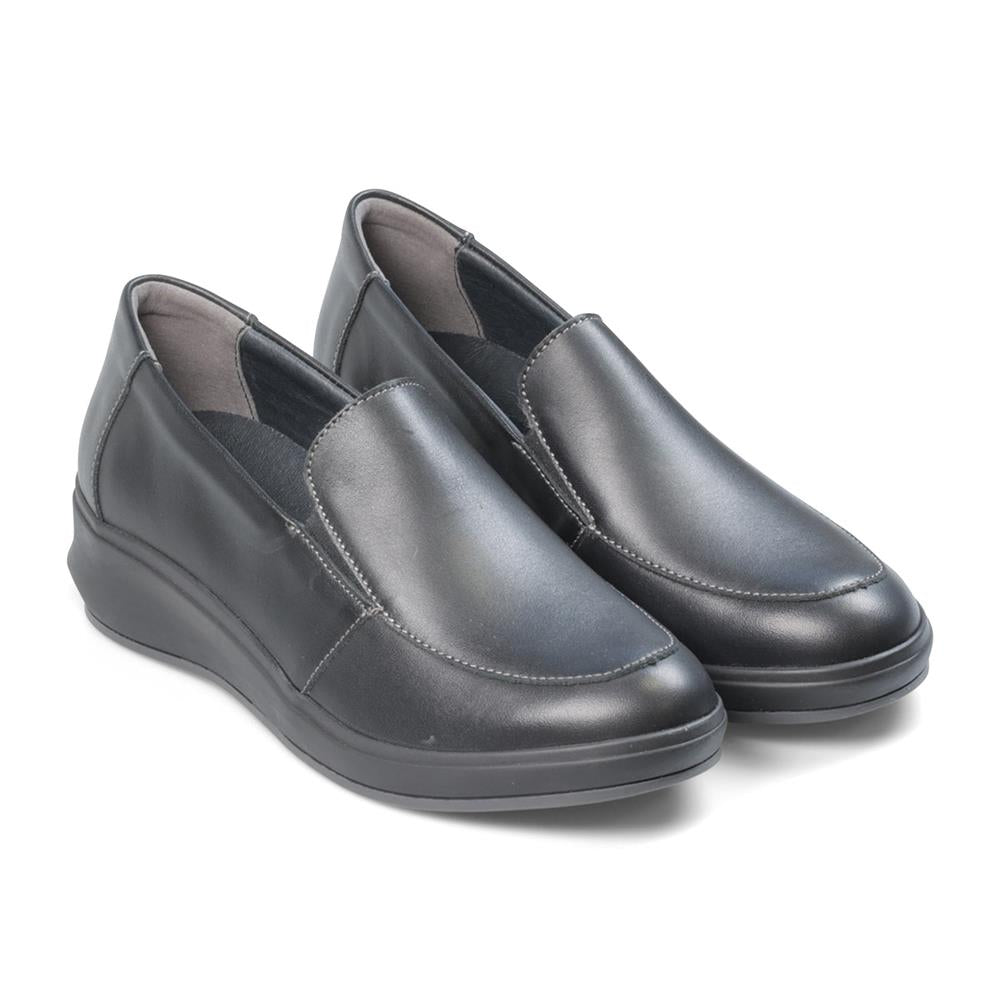 Padders Lewes Black Leather Ladies 2E Wide Fit Wedge Shoes