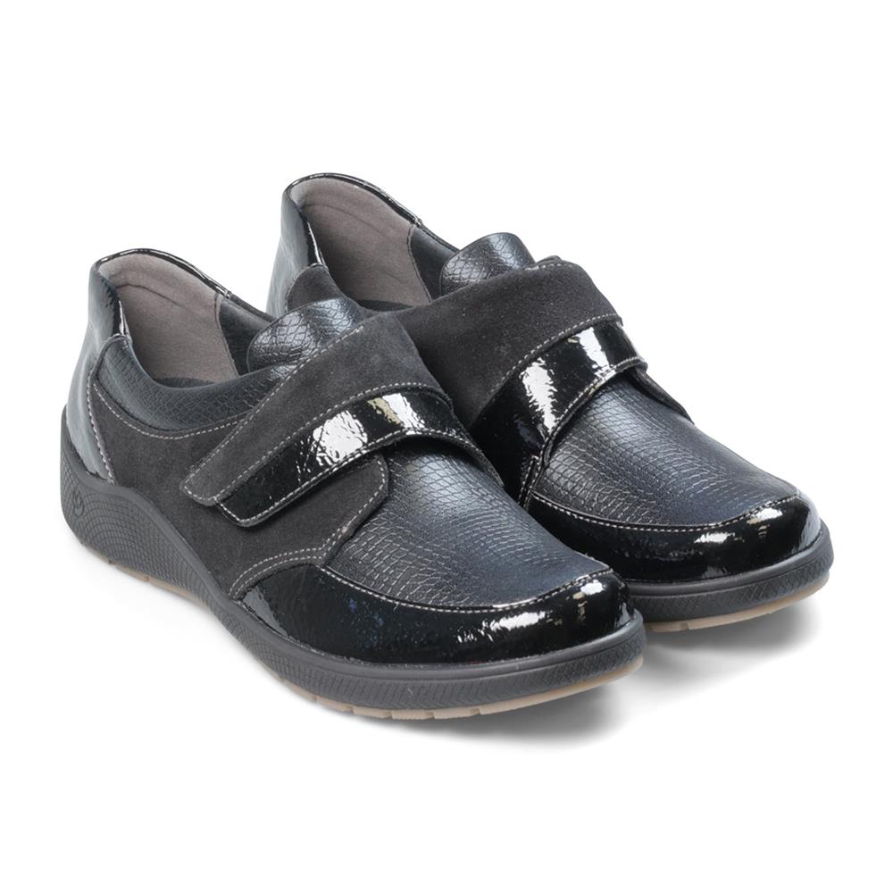 Padders Maltby Black Suede Combi Ladies 2E Wide Fit Wedge Shoes
