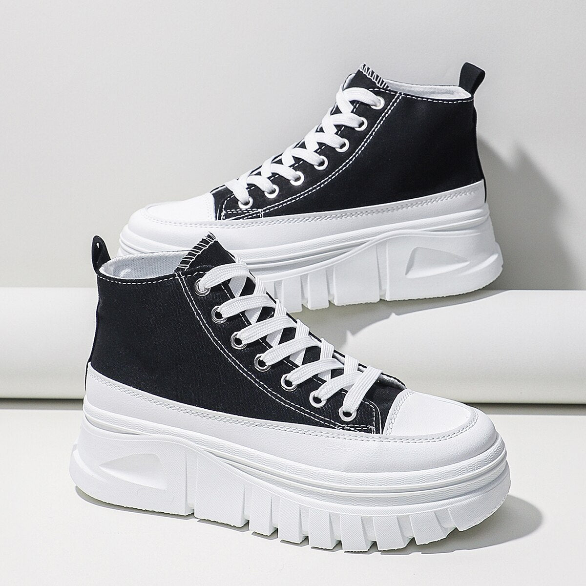 Womens Canvas Height Increasing High Top Lace Up Black Trainers