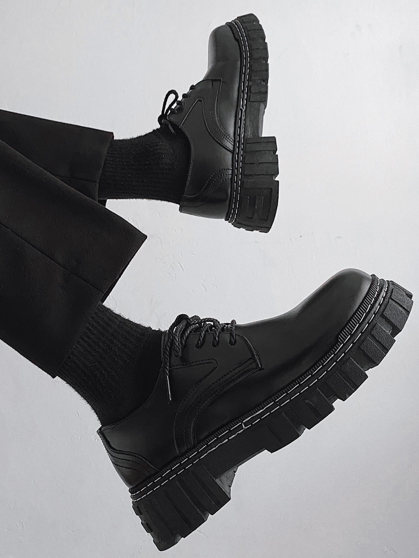 Mens Leather Thick Sole Lace Up Round Toe Dress Shoes