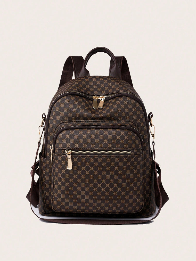 Womens Retro Brown Plaid PU Backpack