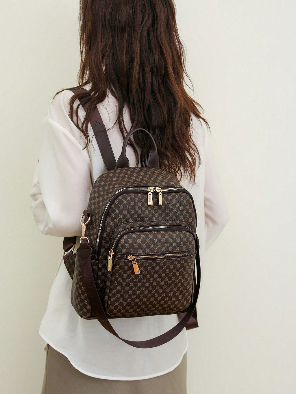 Womens Retro Brown Plaid PU Backpack