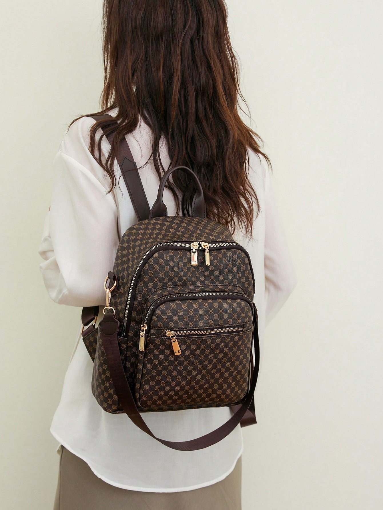 Womens Retro Brown Plaid PU Backpack