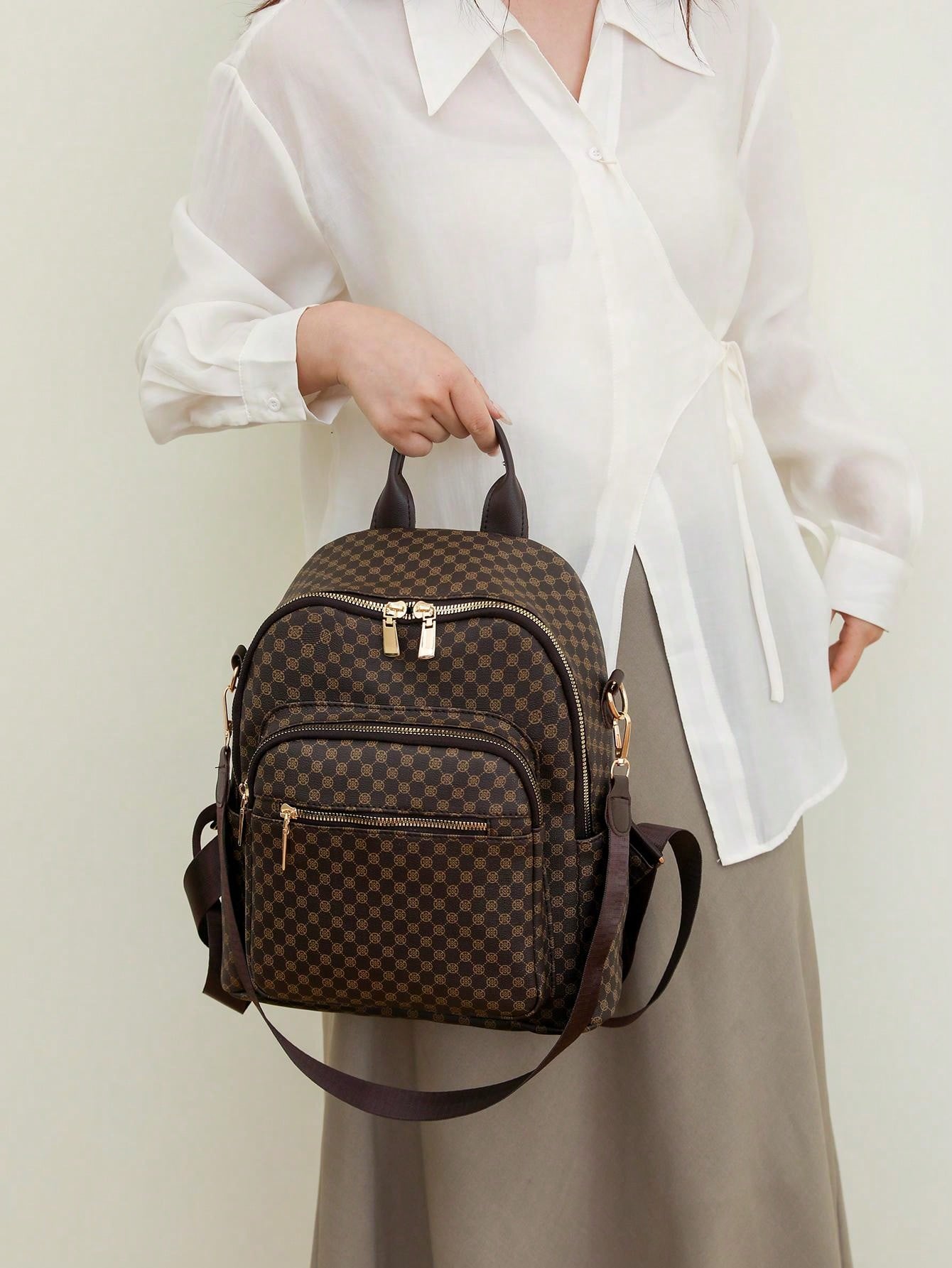 Womens Retro Brown Plaid PU Backpack