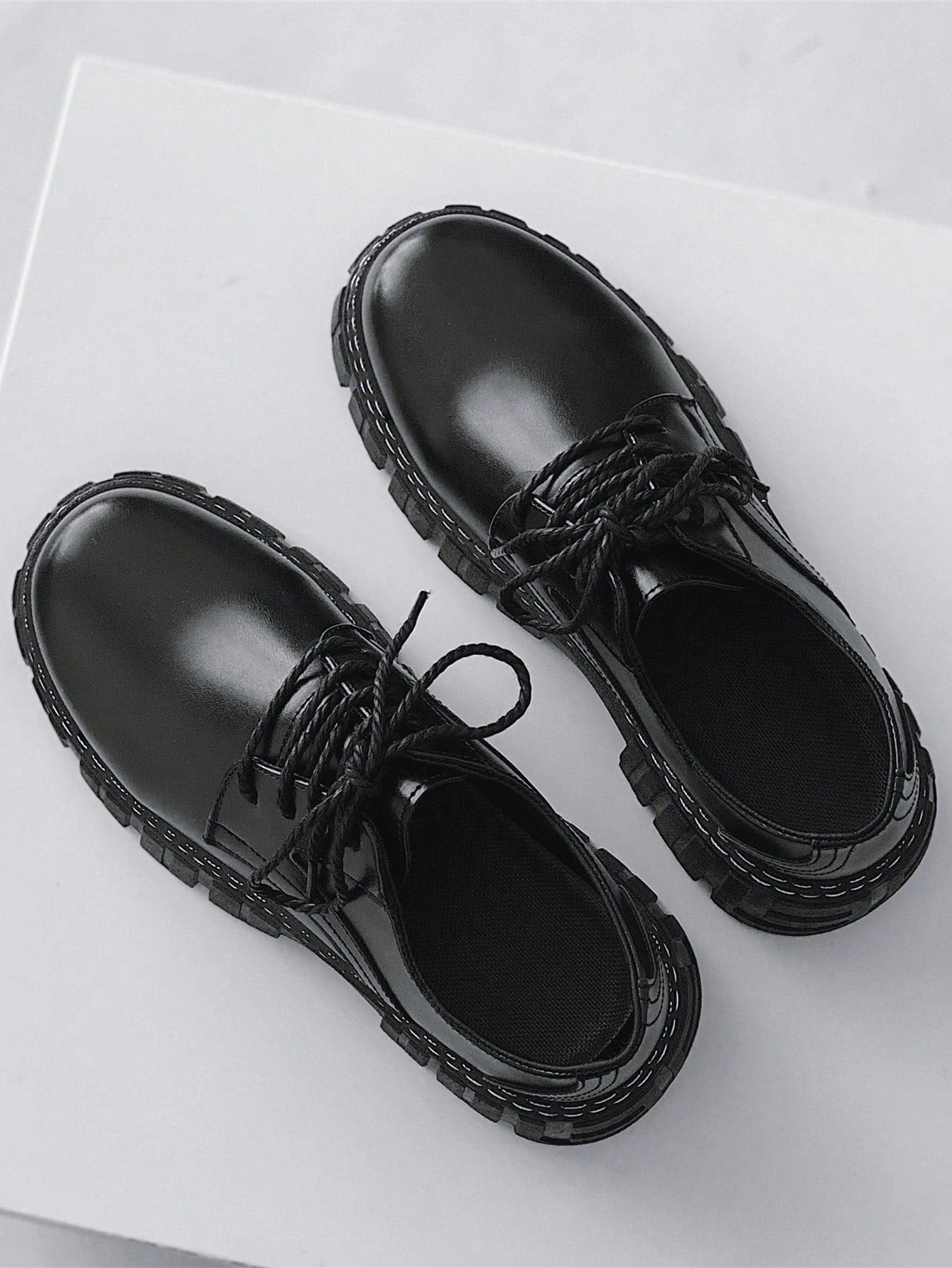 Mens Leather Thick Sole Lace Up Round Toe Dress Shoes