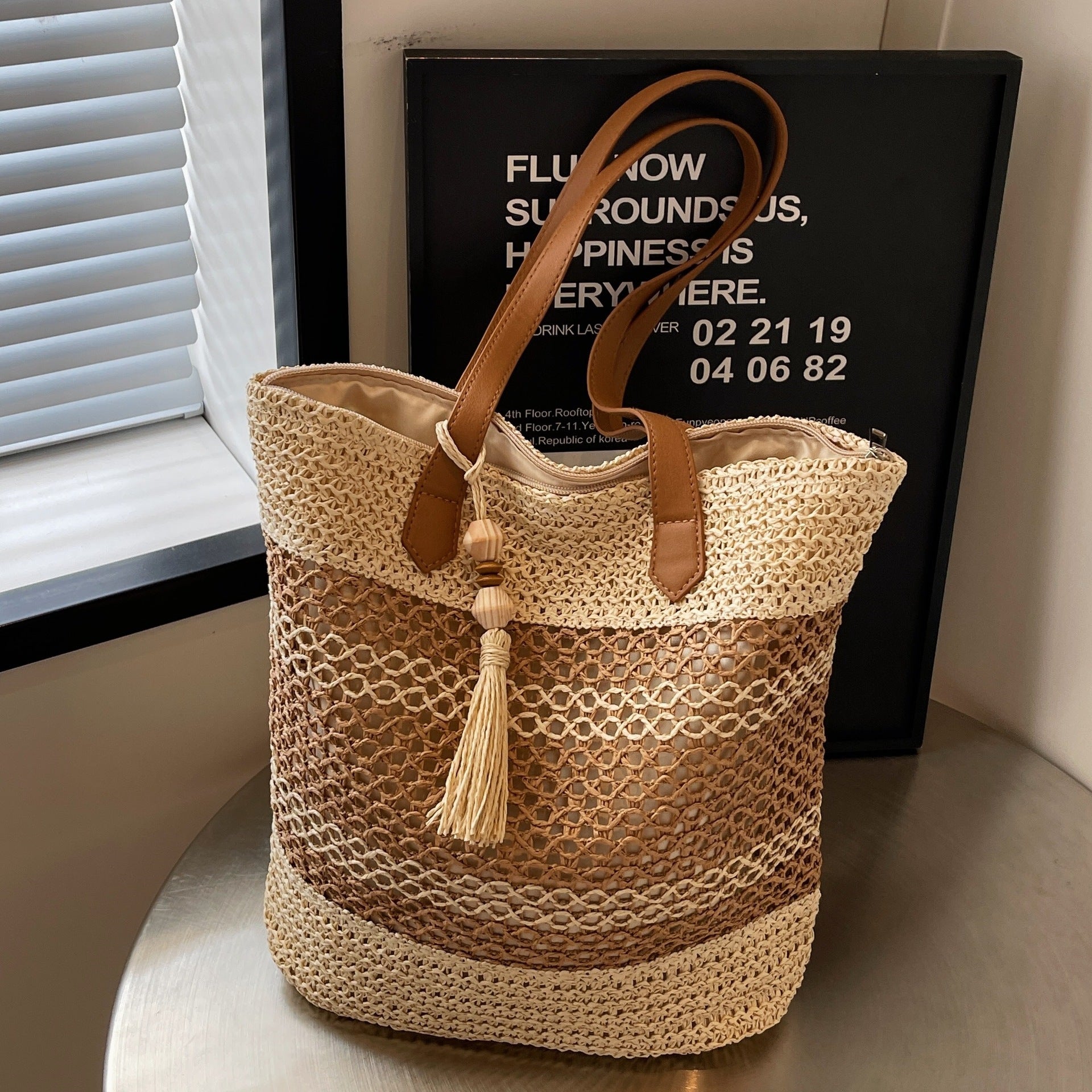 Summer Stripe Straw Shoulder Beach Bag With Tassel