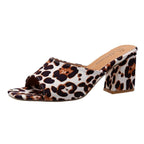 Leopard Square Toe Sandals Summer High-heeled Slippers Chunky Heel Shoes Womens