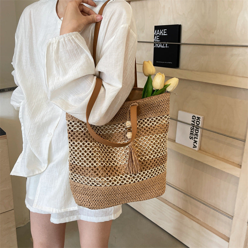 Summer Stripe Straw Shoulder Beach Bag With Tassel
