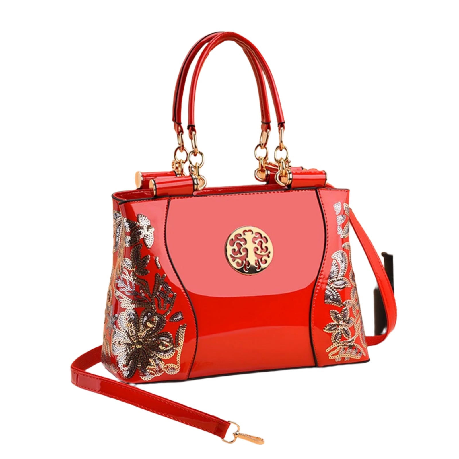 Womens Patent Look Sequin Embroidered Handbag