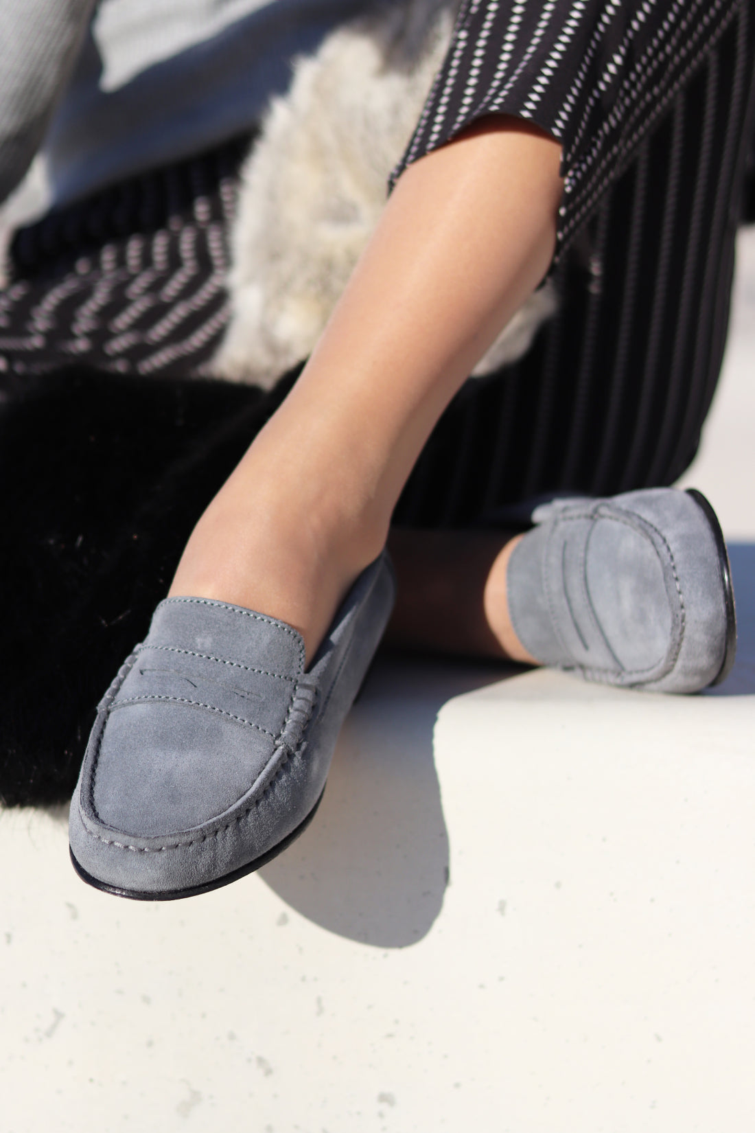 Hugs & Co Womens Penny Loafers Leather Sole Slate Grey Suede