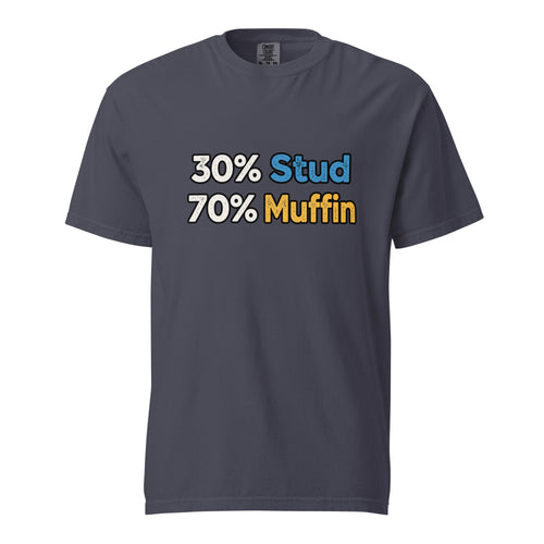 Front view of a navy T-shirt with bold distressed typography reading “30% Stud” and “70% Muffin” in blue, yellow, and white.