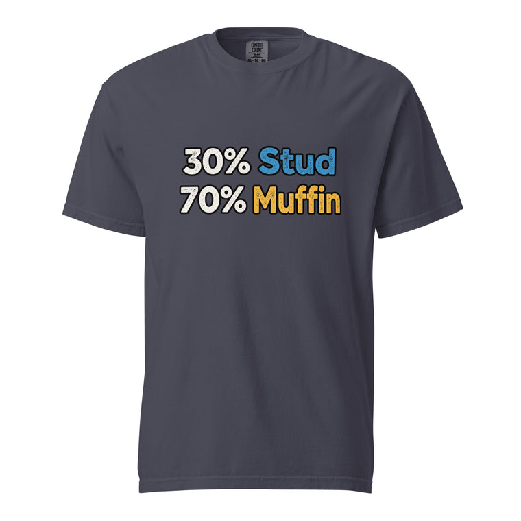 Front view of a navy T-shirt with bold distressed typography reading “30% Stud” and “70% Muffin” in blue, yellow, and white.