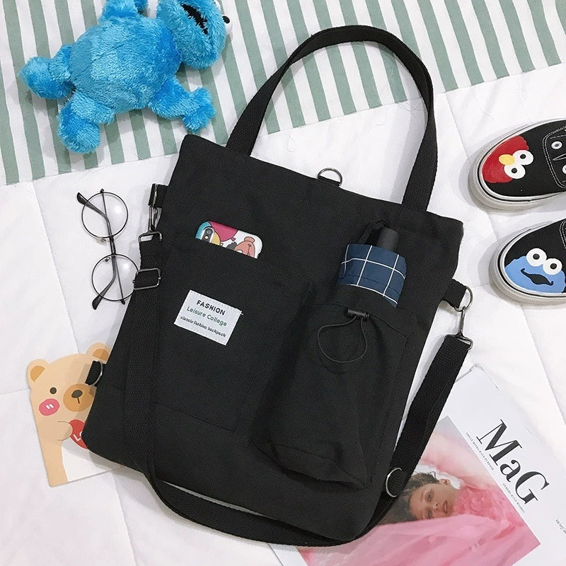 Harajuku Canvas Backpack Shoulder Bag With Pockets