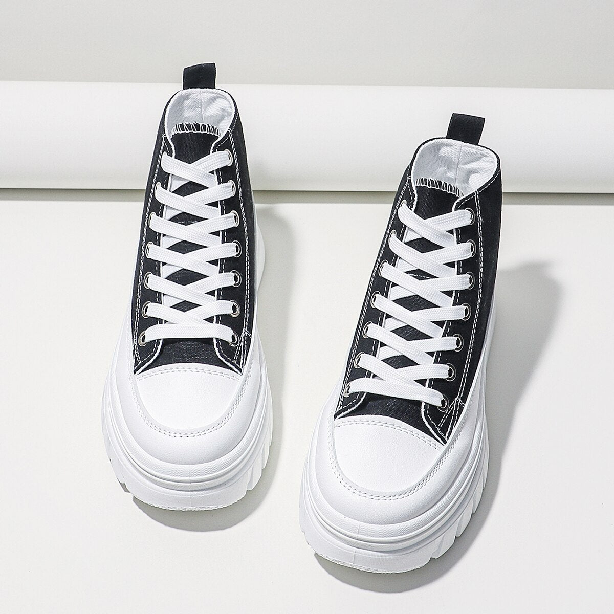 Womens Canvas Height Increasing High Top Lace Up Black Trainers