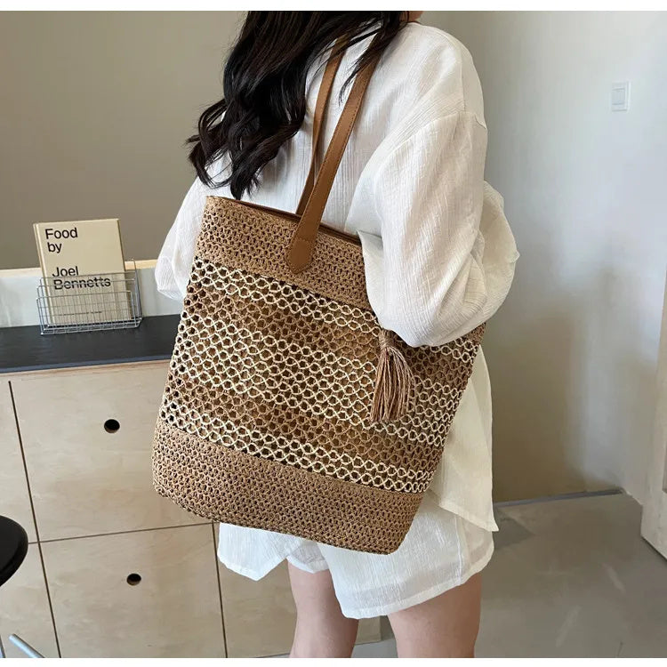 Summer Stripe Straw Shoulder Beach Bag With Tassel