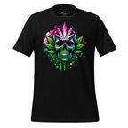Black t-shirt with colorful skull and cannabis leaf design on a wooden surface, featuring the brand 'StayClothed'.