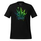 Black t-shirt with cannabis leaf design on a wooden surface, featuring the brand 'StayClothed'.