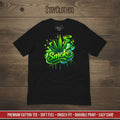 Black t-shirt with green 'Smoke' graphic on a wooden surface, featuring the brand 'StayClothed'.