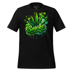 Black t-shirt with green 'Smoke' graphic on a wooden surface, featuring the brand 'StayClothed'.