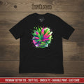 Black t-shirt with colorful cannabis leaf design on a wooden surface, featuring the brand 'StayClothed'.