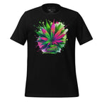 Black t-shirt with colorful cannabis leaf design on a wooden surface, featuring the brand 'StayClothed'.