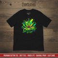 Black t-shirt with cannabis leaf design on a wooden surface, featuring the brand 'StayClothed'.