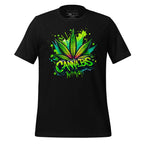 Black t-shirt with cannabis leaf design on a wooden surface, featuring the brand 'StayClothed'.