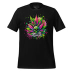Black t-shirt with colorful cannabis leaf design on a wooden surface, featuring the brand 'StayClothed'.