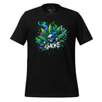 Black t-shirt with colorful cannabis graphic design on a wooden surface, featuring the brand 'StayClothed'.
